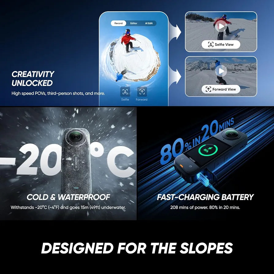 Insta360 X5 - Waterproof 8K 360° Action Camera, Leading Low Light, Invisible Selfie Stick Effect, Rugged and Replaceable Lens, 3-Hour Battery, Built-in Wind Guard, Stabilization, Triple AI Chip Design