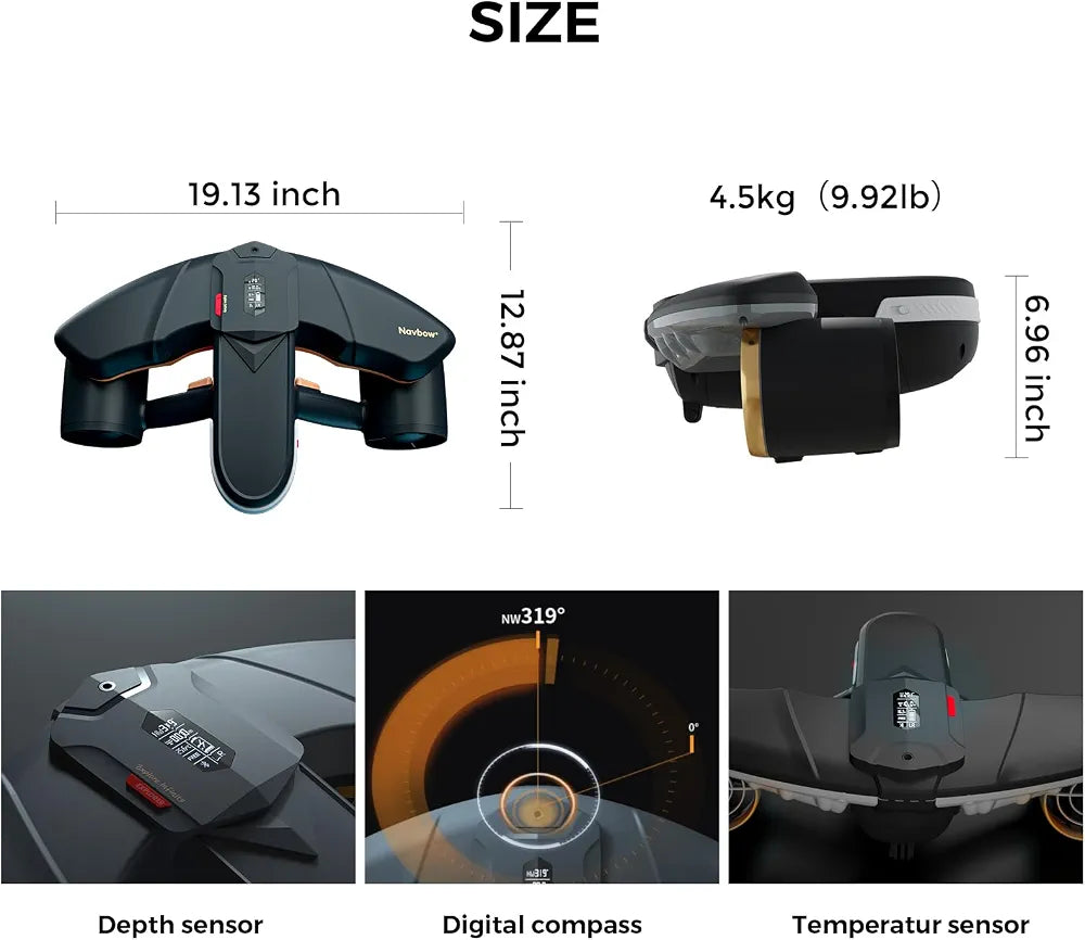 sublue Navbow Plus Smart Underwater Scooter with Depth Gauge, Temperature Sensor, Compass, Action Camera Mount, 131ft Waterproof for Diving & Snorkeling & Sea Adventures