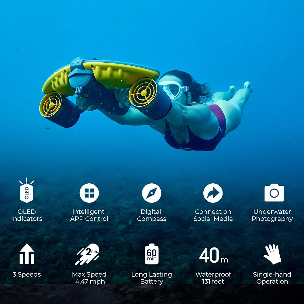 sublue Navbow Plus Smart Underwater Scooter with Depth Gauge, Temperature Sensor, Compass, Action Camera Mount, 131ft Waterproof for Diving & Snorkeling & Sea Adventures