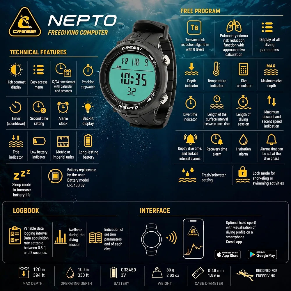 Cressi Nepto Freediving Watch Computer - Fully Customizable - Protection Against Taravana Risk - Logbook - Made in Italy