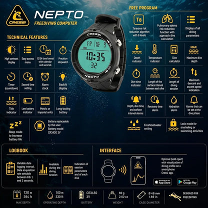 Cressi Nepto Freediving Watch Computer - Fully Customizable - Protection Against Taravana Risk - Logbook - Made in Italy